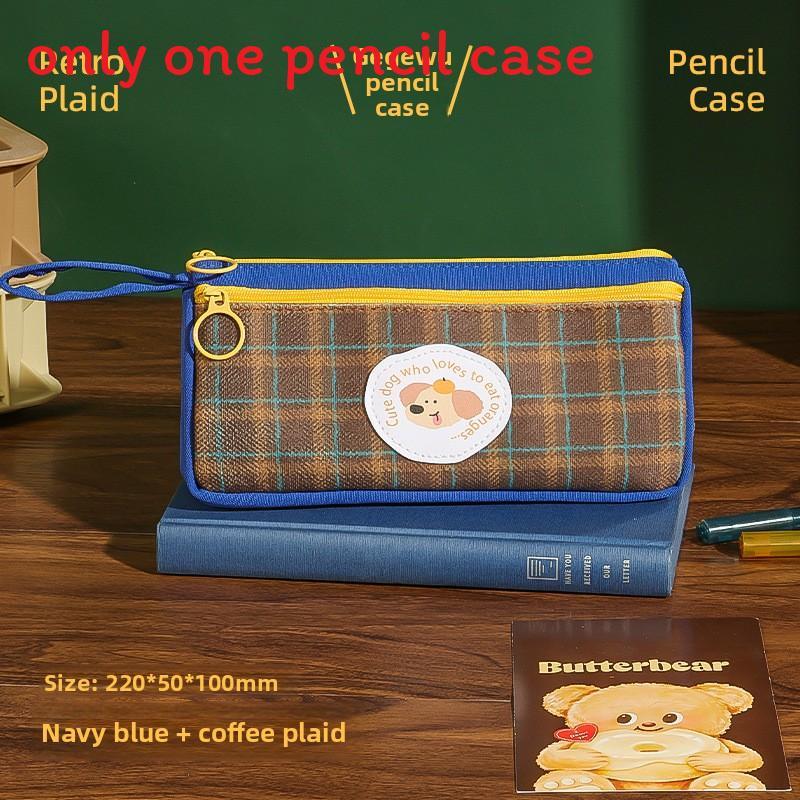 Vintage Plaid Animal Pattern Pencil Case With Large Capacity For Students And Office Use