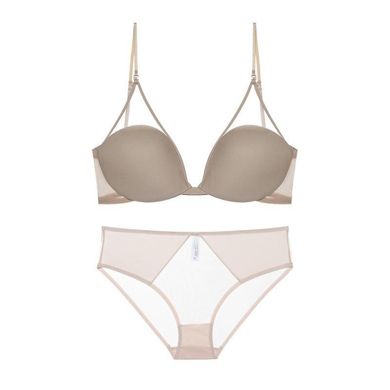 

Элегантный французский сетчатый комплект нижнего белья U-образной формы: Беспроводной бюстгальтер пуш-ап с халтером 32A