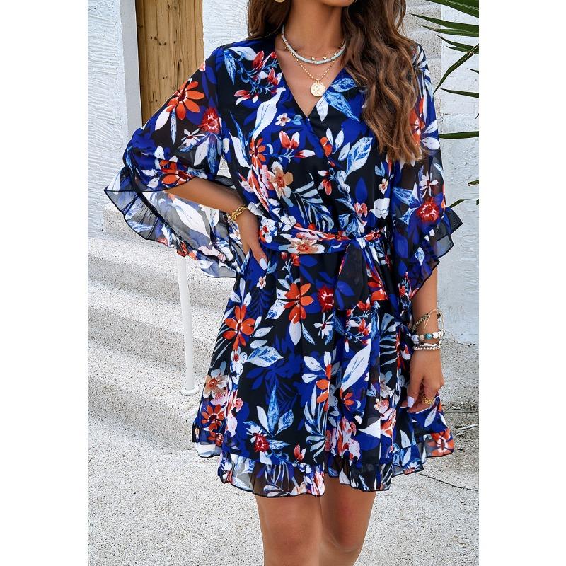 Vacation Casual Printed Lace Up Chiffon Dress