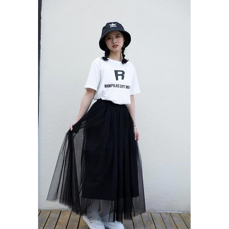 Summer New Arrival Drape Mesh Half-Length Skirt Plus Size Women's A- line Skirt High Waist Slim Looking Pleated Mid-Length Gauze Skirt