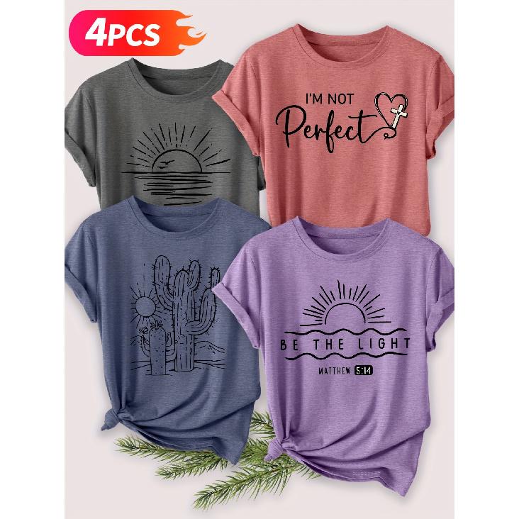 Four-piece set of elegant short-sleeved tops for women Sunrise Cactus Print Fashion Retro Style Women s Spring Summer Autumn Winter Casual Sporty Top S