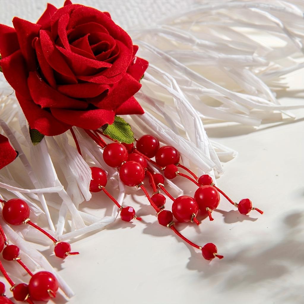 Vintage-Inspired Red Rose Beaded Dangle Earrings - Polyester Fiber, Perfect for Parties & Gifts