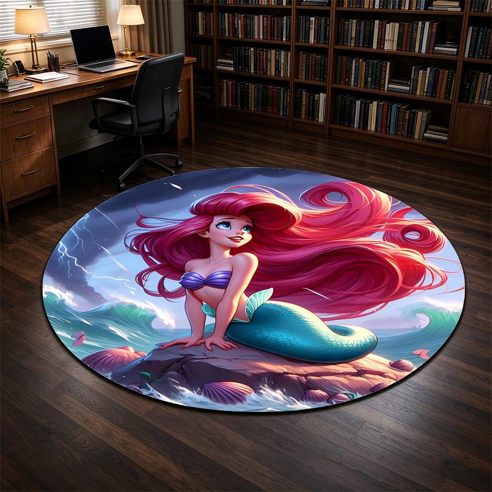 Round Rug Ariel Little Mermaid Pink Hair on Rock Stormy Lightning Sea Shells Movie Fan Bedroom Decor