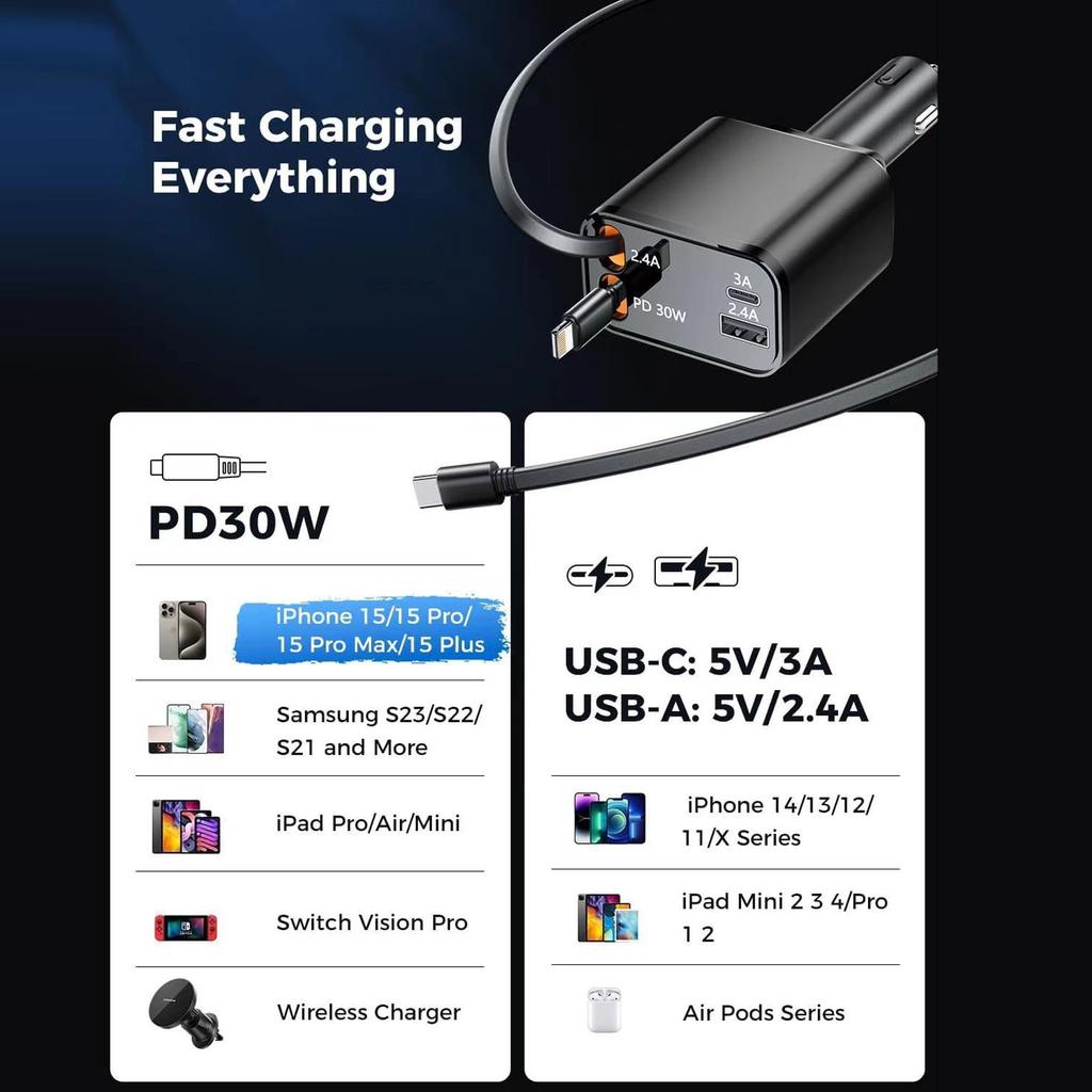 Retractable Car Charger Super Fast Charge Metal Lighter 4 In 1 Car Charger