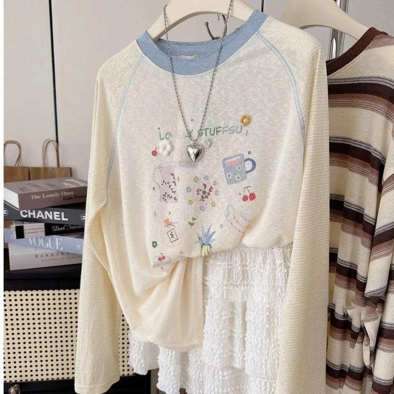 Raglan Sleeve Printed Round Neck Loose Long Sleeve Sun Protection Cover-up Youth Summer T-shirt