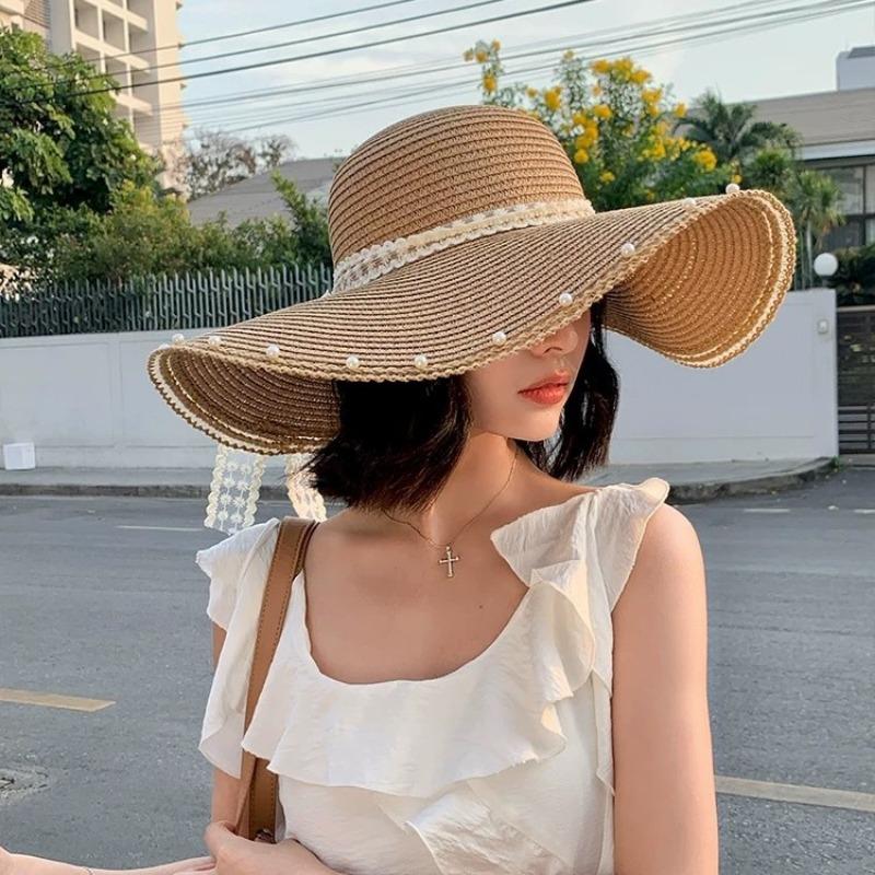 Pearl lace strap straw hat women's summer big brim seaside vacation bow sun hat sun hat