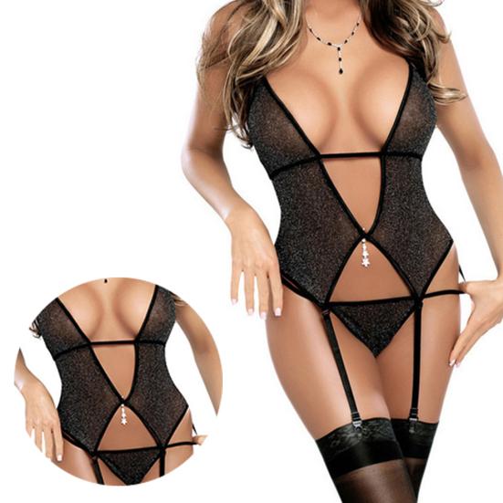 Glitter See-through V-neck Backless Halter Sexy Women Nightwear G-string Garter
