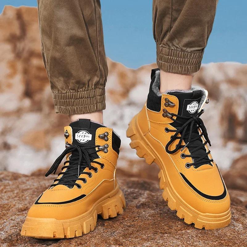 2024 New Men's Boots Plush Winter Thick Sole Lace Up Work Shoes Fashionable Coldproof Warm Cotton Short Boots Botas Para Hombre