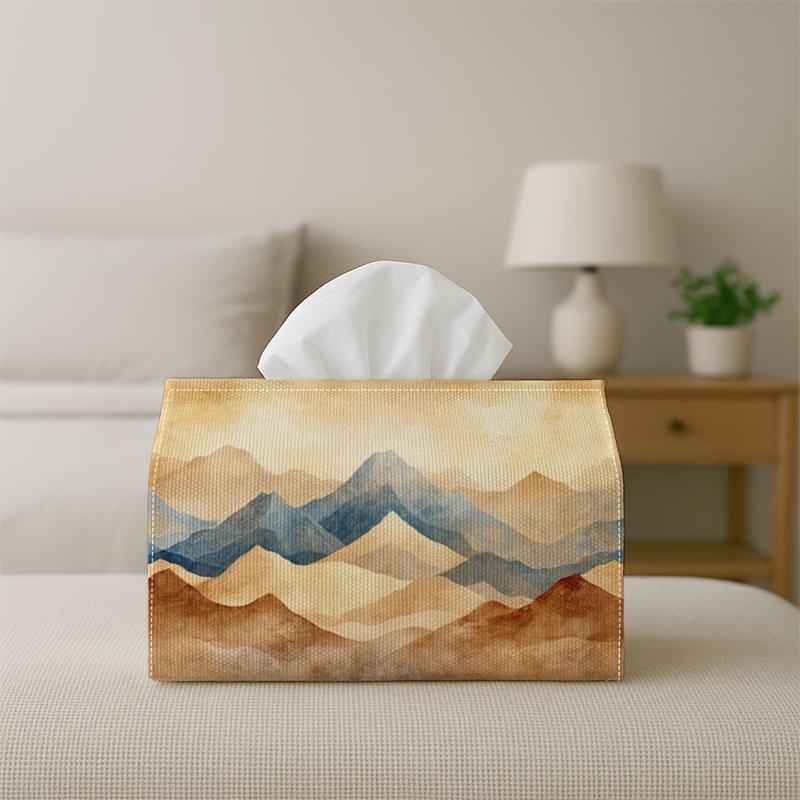 1pc Artistic Landscape Abstract Tissue Box Holder - Mountain Layer Earthtone, Perfect for Living Room, Dining Room, Bedroom, Bathroom, Bar, or Office