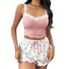 Women 2psc Pajama Set Pink Lace Patchwork V-Neck Sleepwear Sexy Nighties Suit Cami Top Printed Shorts Soft Pyjamas Loungewear