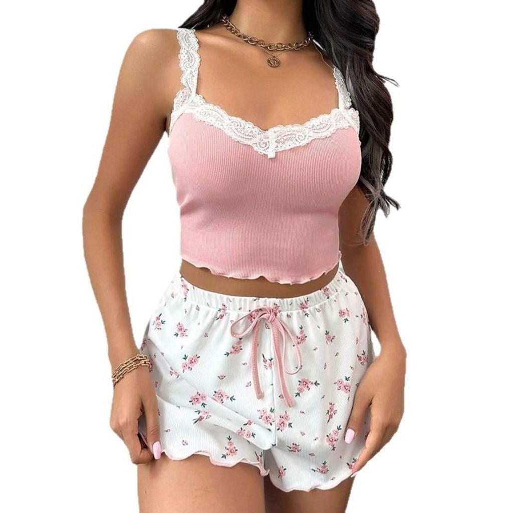Women 2psc Pajama Set Pink Lace Patchwork V-Neck Sleepwear Sexy Nighties Suit Cami Top Printed Shorts Soft Pyjamas Loungewear