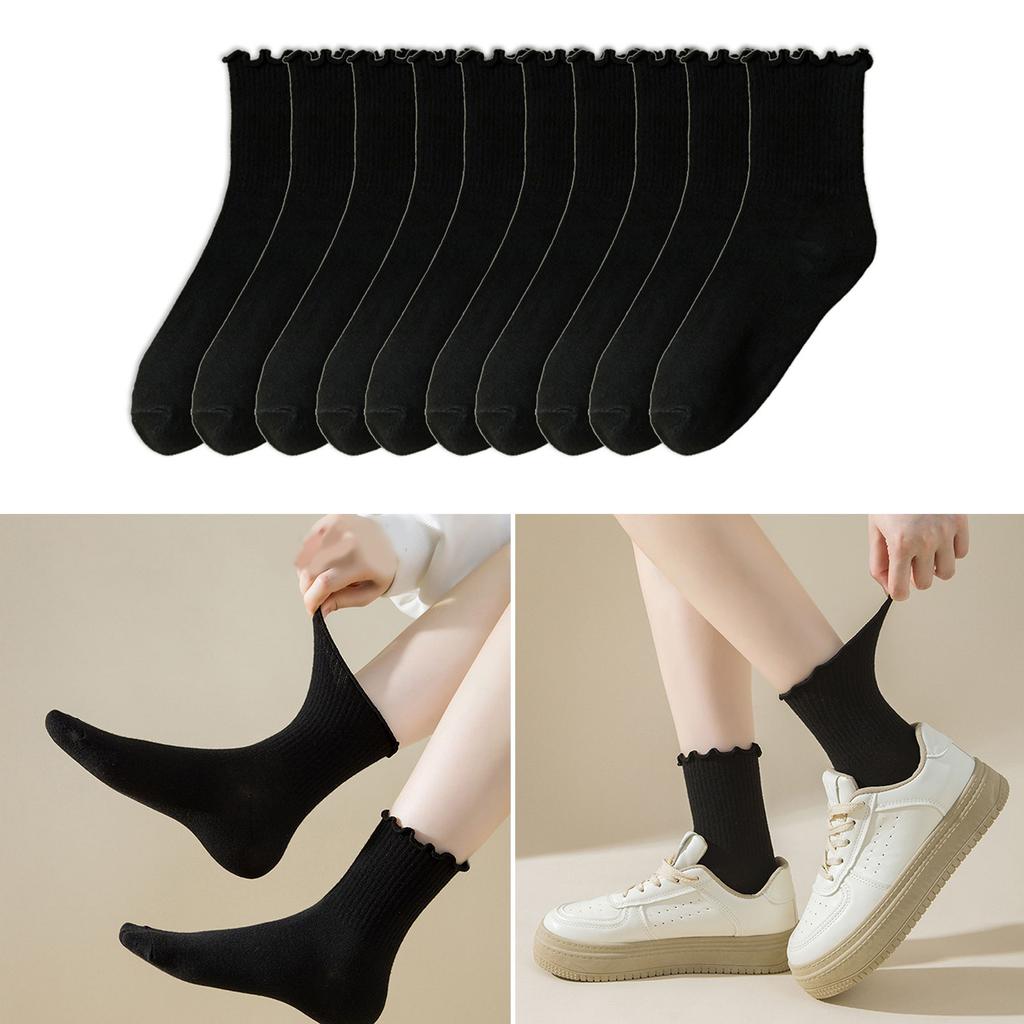 5 Pair Women Fashionable Ruffle Cuffs Crew Socks Cotton Blend Ribbed Knitted Stretchy Fit Comfortable Frilly Ankle Socks