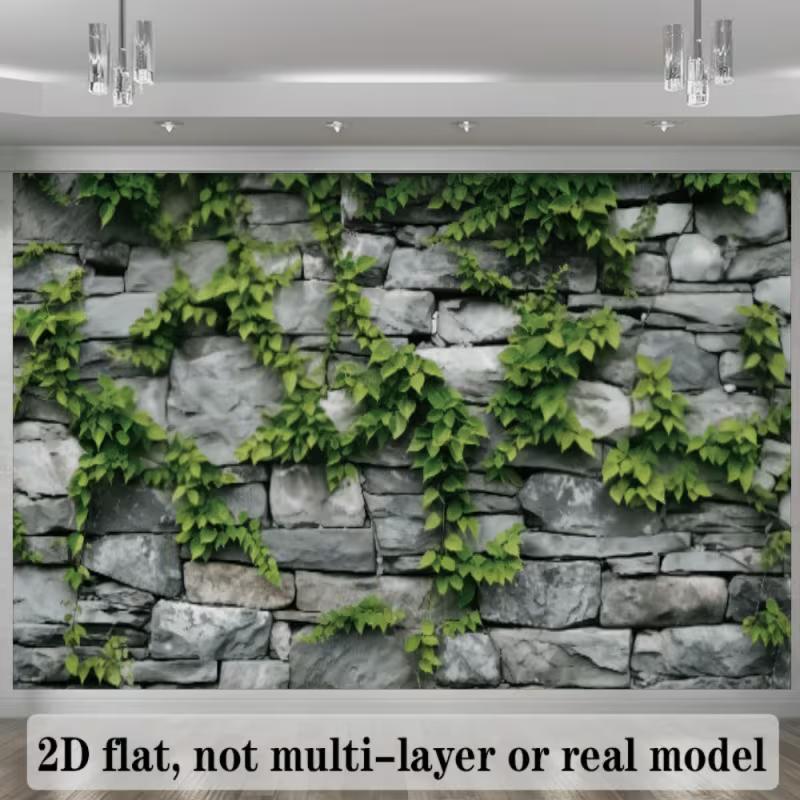 2D Rustic Stacked Stone Wall Green Ivy Vine Indoor Photo Backdrop