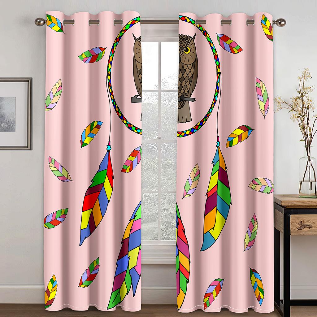 3D Ebony & Ivory Dreamcatcher Owl Drapes Colorful Owl Texture Drapes 2 Panels Livingroom Space Bedchamber Kids Space Windowpane Decoration