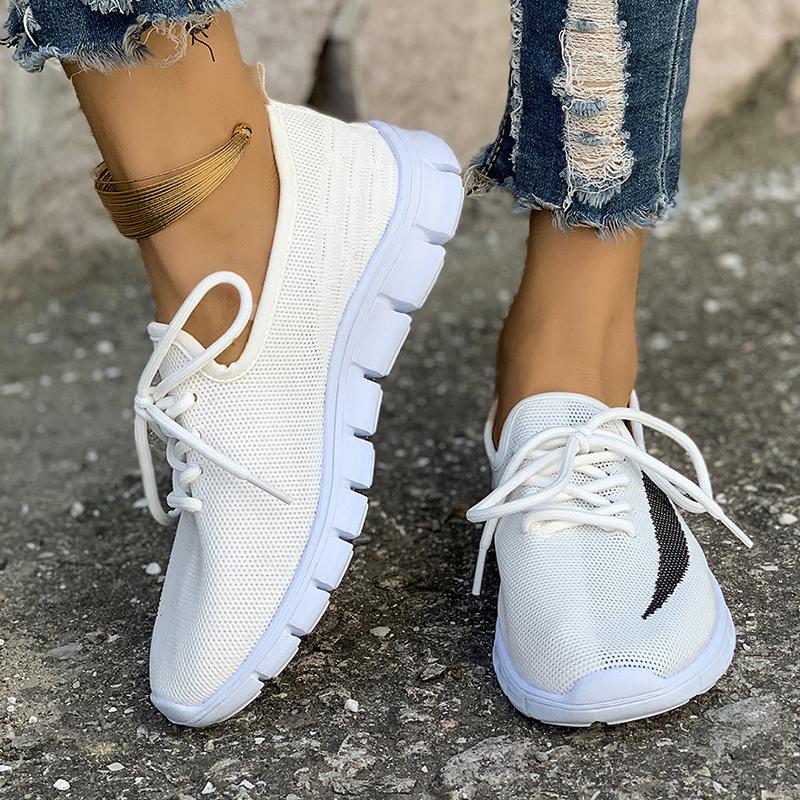 Fashion White Print Knitting Flat Shoes Women Spring Autumn Breathable Soft Bottom Sneakers Woman Comfort Non Slip Casual Shoes Size 43