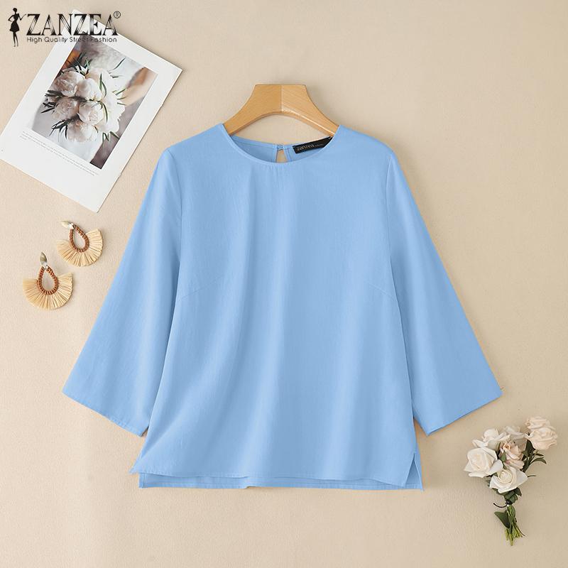 ZANZEA Women Casual Round Neck Solid Color 3/4 Sleeve Loose Blouse