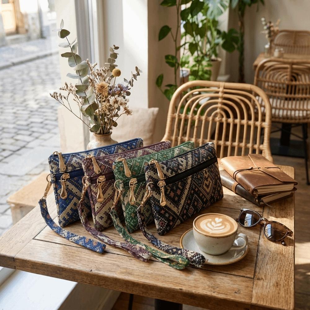 Double Zipper Ethnic Style Clutch Purse Polyester Wristlet Wallet Bohemian Long Wallet Women