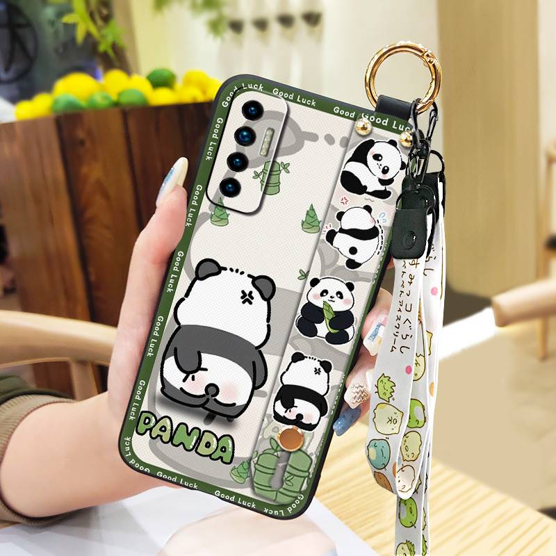 Fashion Design Cute Phone Case For Tecno Camon17P Phone Holder Cartoon Back Cover Shockproof Panda Silicone Ring Lanyard