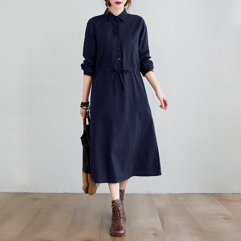 2025 Autumn Korean Style Cotton-Linen Polo Collar Elegant Long Sleeve Shirt Dress