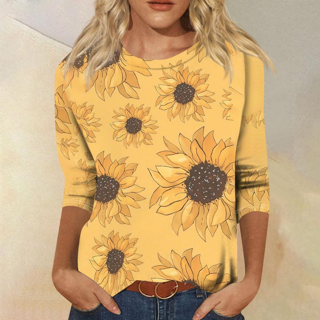 Women's Casual Floral Print Three Quarter Sleeve Crew Neck Top Lightweight Soft Fabric Comfortable Fit Daily Wear