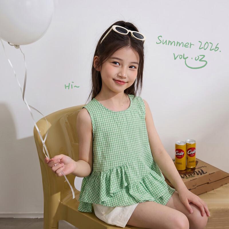 Girls Sweet Ruffle Plaid Sleeveless Top 120 зеленый плед