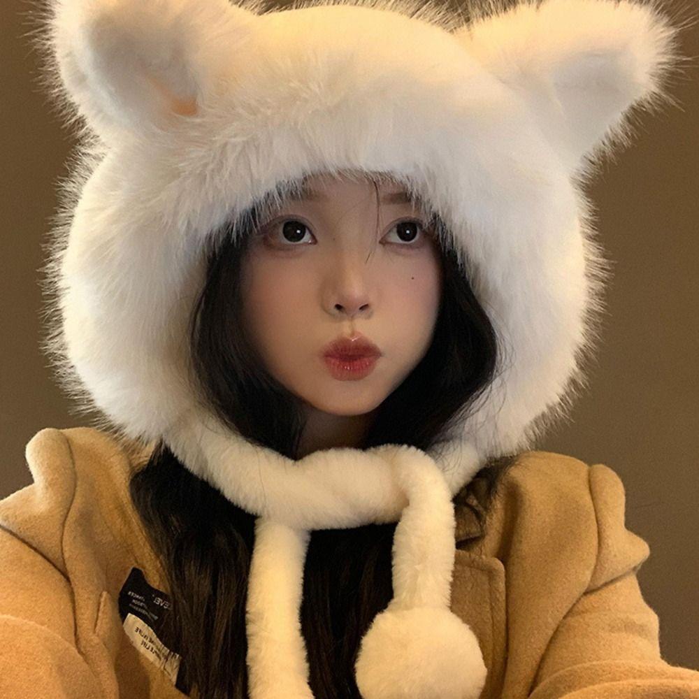 Plush Ear Protection Hat Warm Plush Fox Ears Hat Outdoor Bucket Hat Women