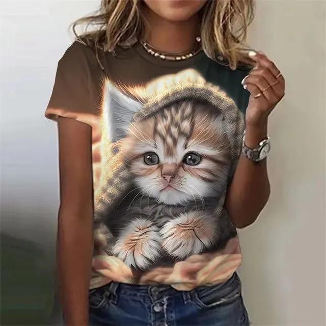 Sommar Rundhals 3D Kattryck Topp Trendiga Vardagliga Kortärmade Dam T-shirts