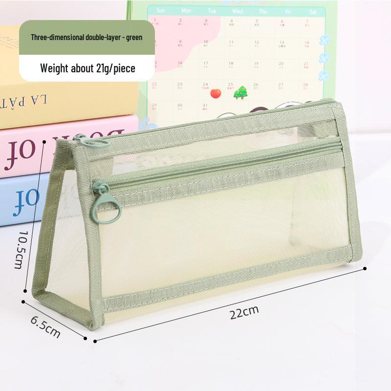 Morandi Transparent Mesh Double-Layer Pencil Bag: Large Capacity, Zipper, Perfect for Students