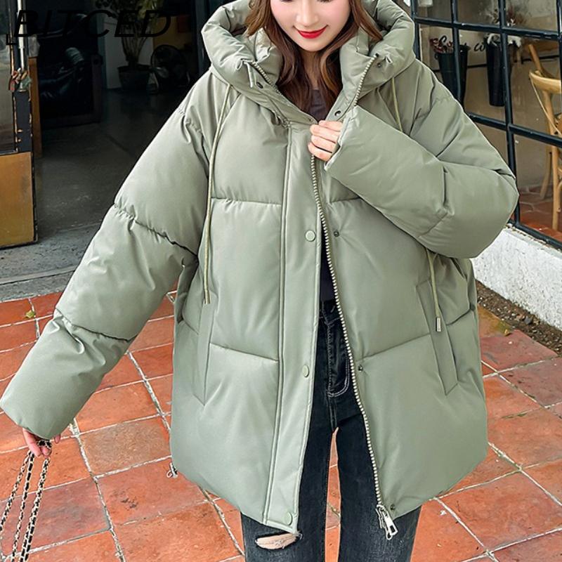 BITCED Plus Size Thickened Cotton Coat Women's Fall/Winter A-Line Loose Fit Puffer Jacket Warm Cotton-Lined Hooded Outerwear