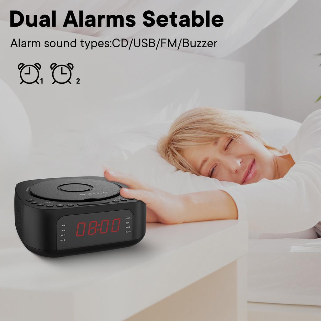 CD Player Alarm Clock USB Charging Dimmable Display Desktop Bluetooth Radio CD Player with Speaker Remote Control for Bedroom