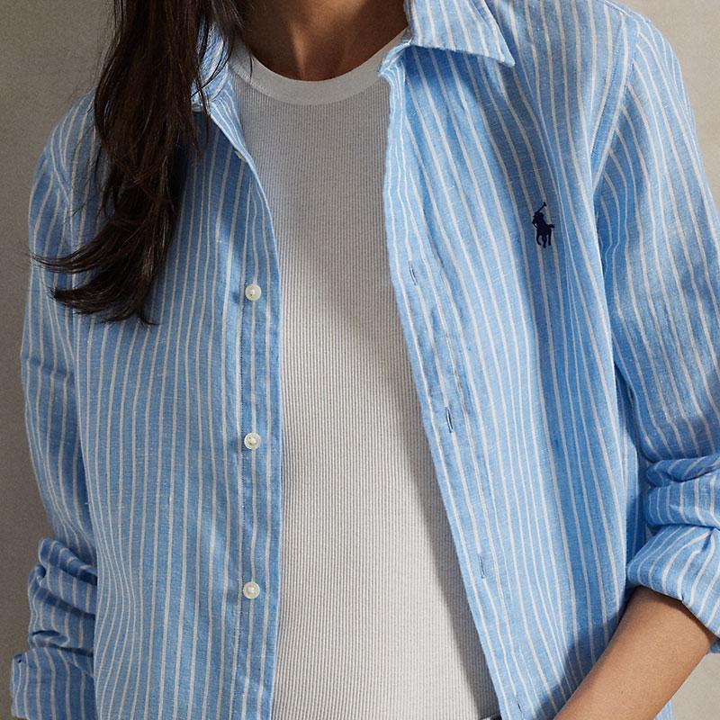 Polo Ralph Lauren Classic Striped Linen Polo Shirt With Embroidered Pony Women Shirts Blue WMPOSHTNDO20749-400