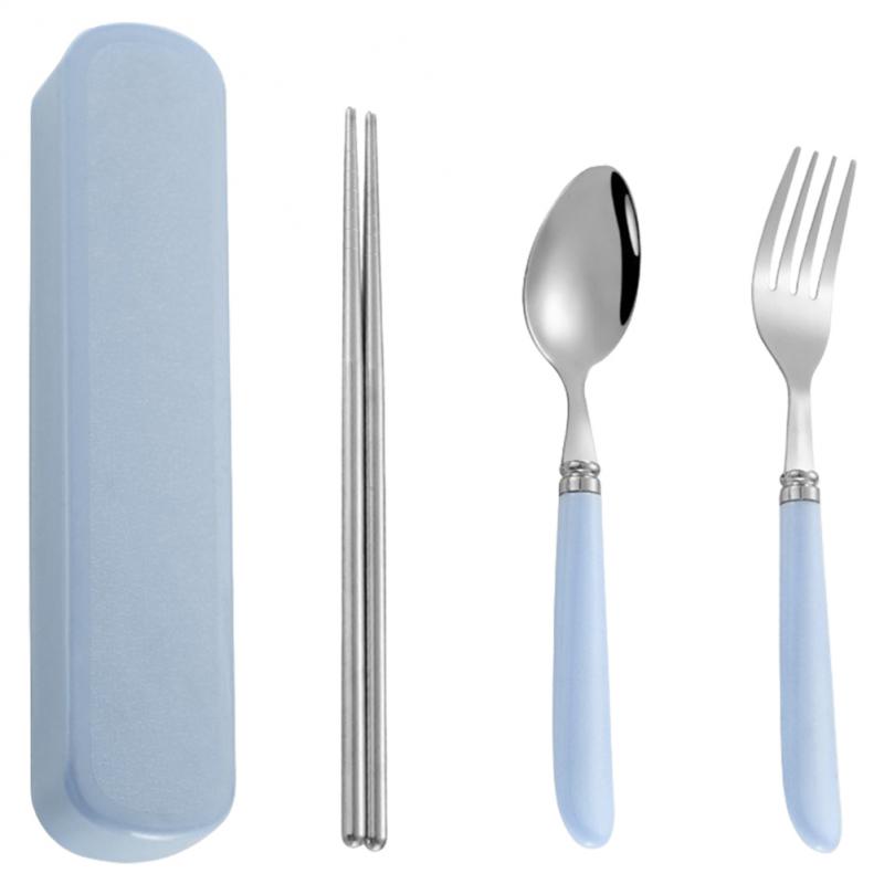 Portable Tableware Chopsticks Spoon Fork Stainless Steel Plastic Student Tableware Dining Fork Spoon Chopstick Set Easy To Carry