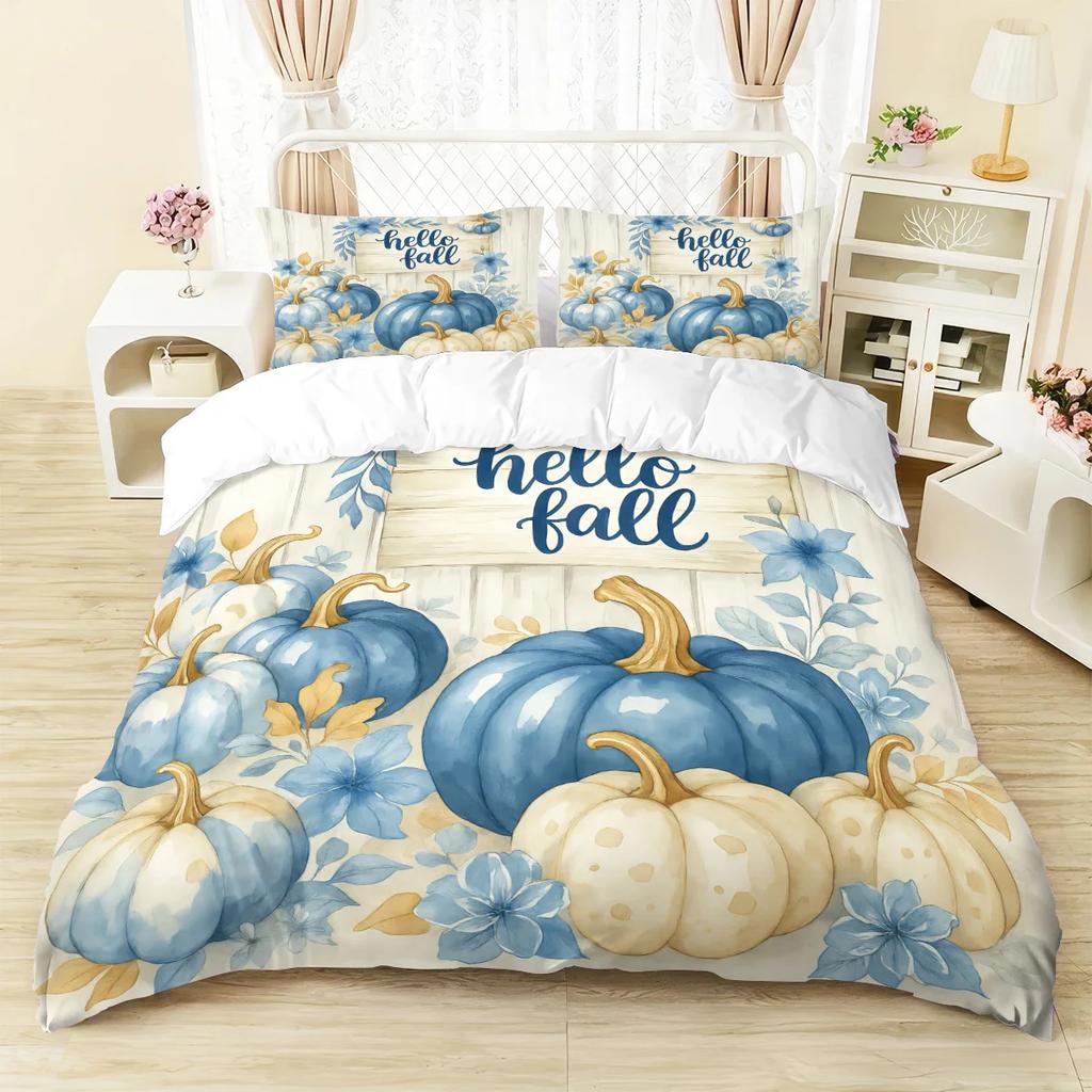 3 Pcs Harvest Pumpkin Printed Down Duvet Covers 1 Down Duvet Cover+2 Pillowcases No Core. Soft And Comfortable Bedding Set