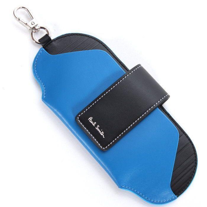 Used [Price reduction!] PAUL SMITH Sunglasses case with carabiner M1A 7694 LSHOWM Blue & Black Leather Logo Print Multi Pouch Glasses Glasses Case