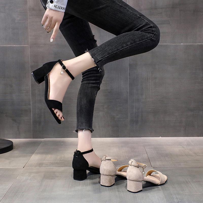 Women's 2025 Black Chunky Heel Mid-Heel Sandals - Versatile One-Strap Fairy Style, Perfect with Skirts.