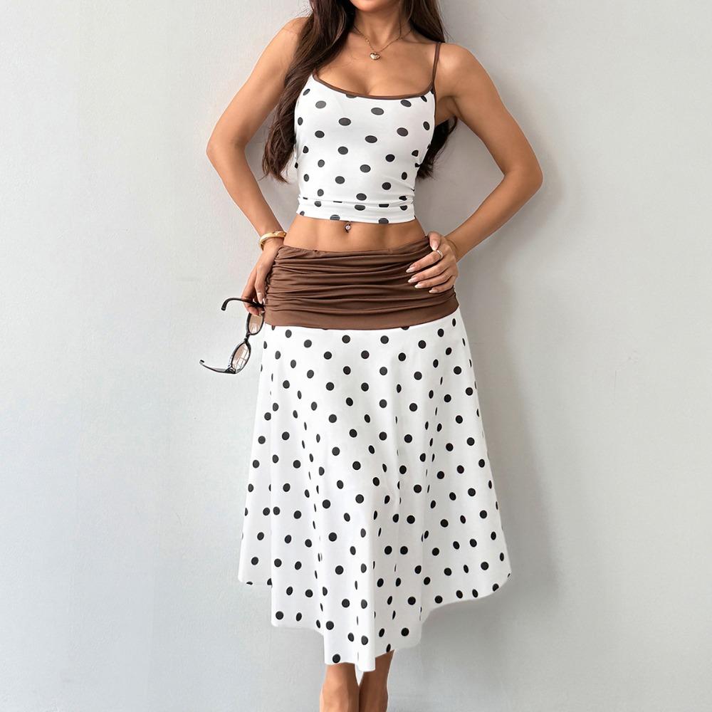 

New Beach Party 2-Piece Set Women Low-Neck Skinny Camisole+Folds Skirts Patchwork Polka Dot Print Vacation Summer Trend Suits XS белый