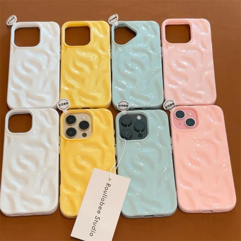 Luxury 3D Wrinkle Case For iPhone 16 15 14 Plus Pro Max 12 11 13 Candy Solid Color Wave Pattern Soft Silicone Aesthetic Cover
