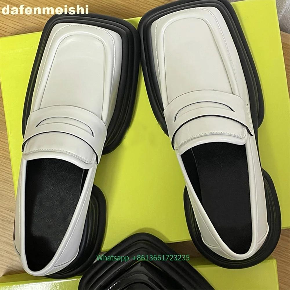 Square Toe Slip On Women Loafers Thick-Soled Patent Leather Shoes Spring Thick Heels Lace-Up 2025 Genuine Leather Shoes