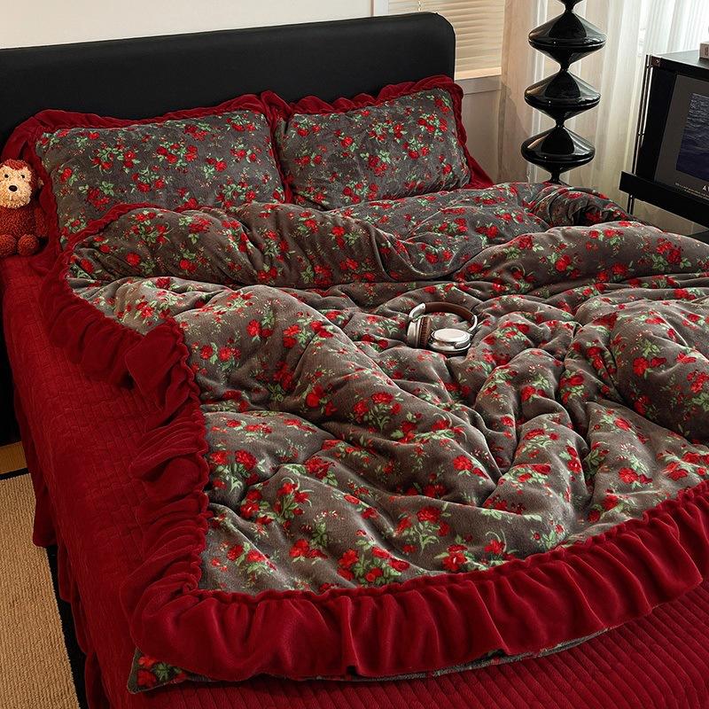 

Премиальный леопардовый принт Утолщенный молочный флис Плюш кролика Кружево Покрывало на кровать Четыре предмета Теплый Двусторонний флис Шапка на кровать 1.8m cover 4pc - 200x230cm quilt core