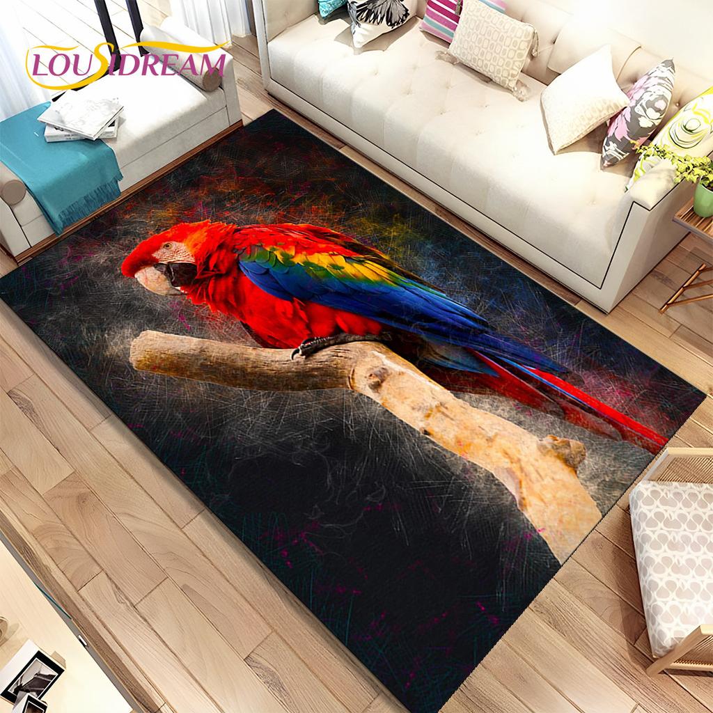 Teppich mit bunten Papageien, Aras und Vögeln, Teppich für Zuhause, Wohnzimmer, Schlafzimmer, Sofa, Fußmatte, Küchendekoration, rutschfeste Bodenmatte für Kinder