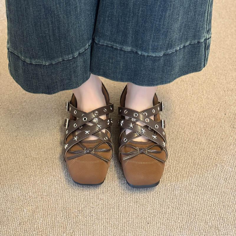Fashion Vintage Bow Cross Strap Mary Jane Shoes Women Spring Summer New Shallow Rivet Ballet Soft Sole Flat Single Shoes