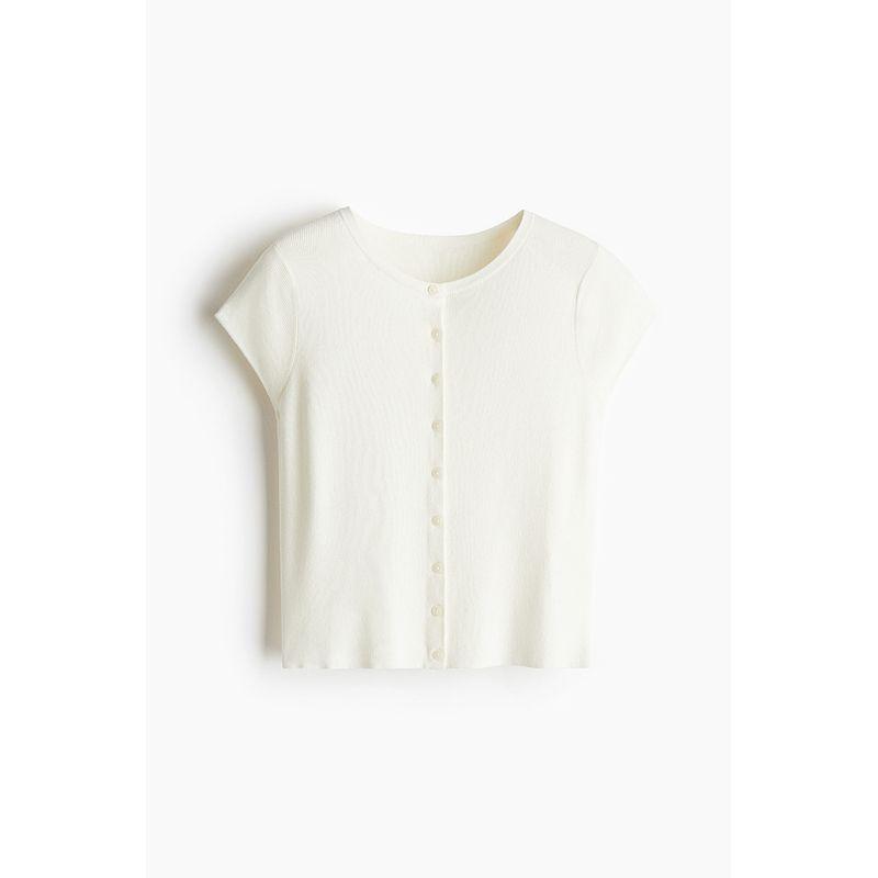 

HM Women s Clothing Wool Knitwear 2025 Autumn New Arrival Short Sleeve round Neck Silm Slim Looking Short Cardigan 1271632 Cream color 165/96