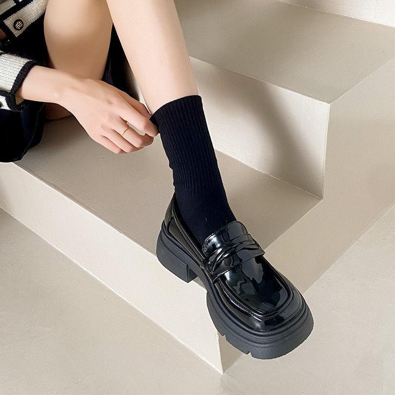 New spring and autumn thick heel one pedal round head versatile retro black platform small leather shoes women