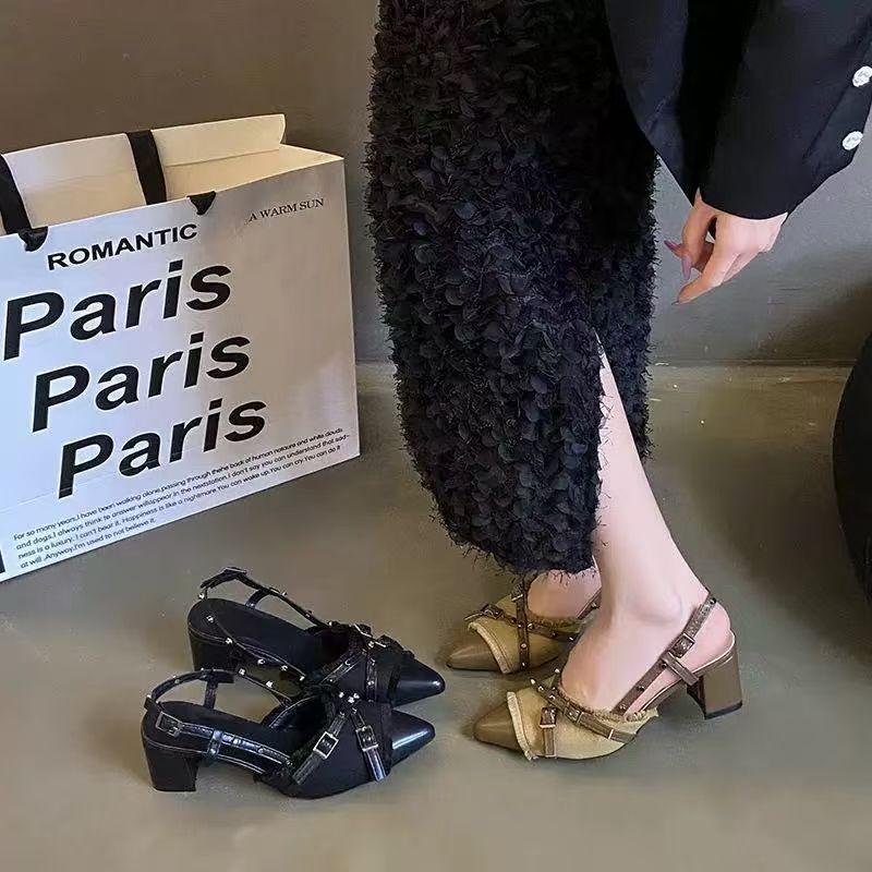 High heels, black temperament bag head sandals, French popular thick heel slippers, design sense single shoes 2025 spring and summer new models