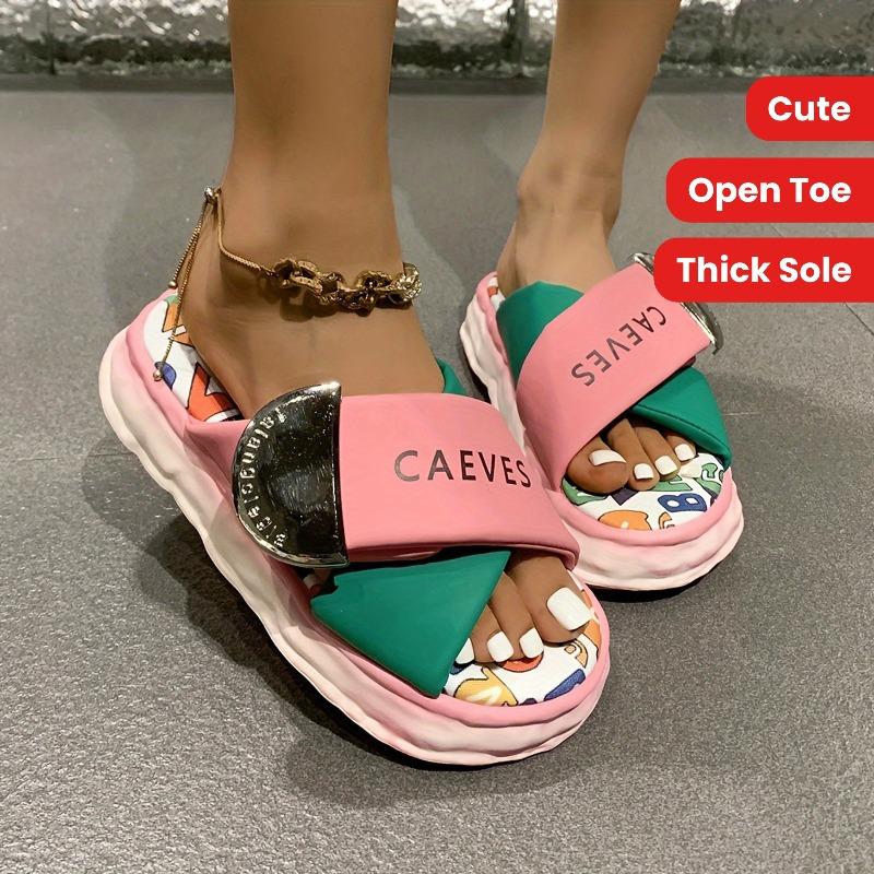 Women's Cute Cartoon Platform Slide Sandals - Open Toe, Thick Sole, PU Cover, All-Season Fashion Shoes