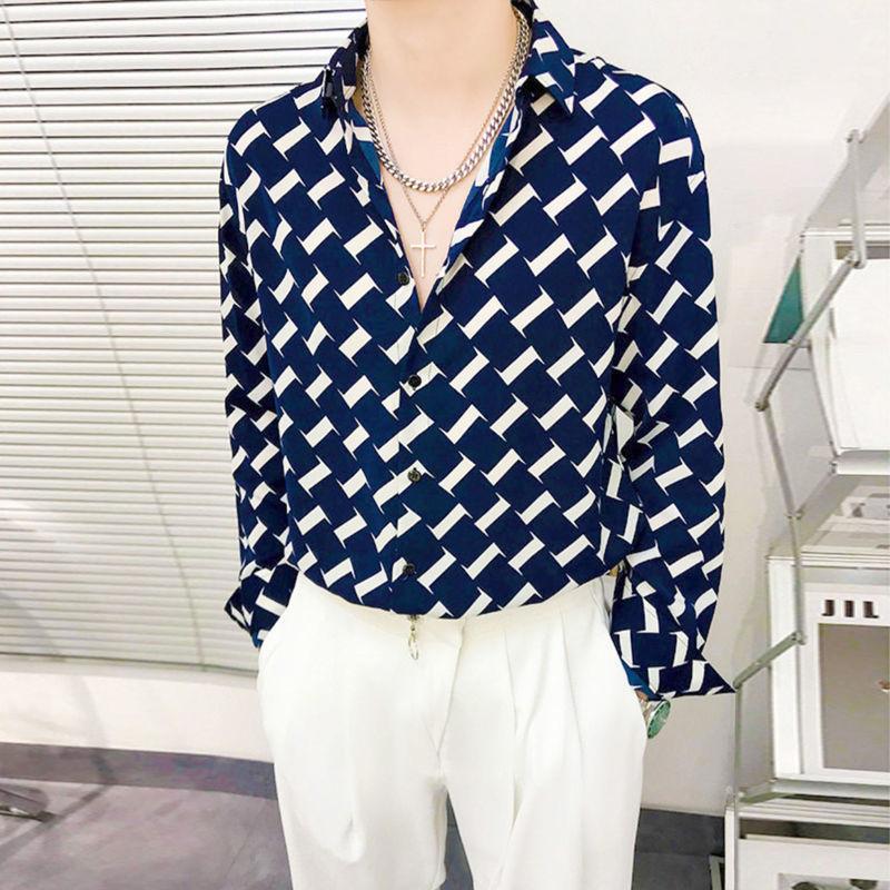 

2026 New Spring and Autumn Fashion Premium Feel No Iron Casual Loose Drop Feel Trendy Ice Silk Versatile Men s Printed Shirts M синий