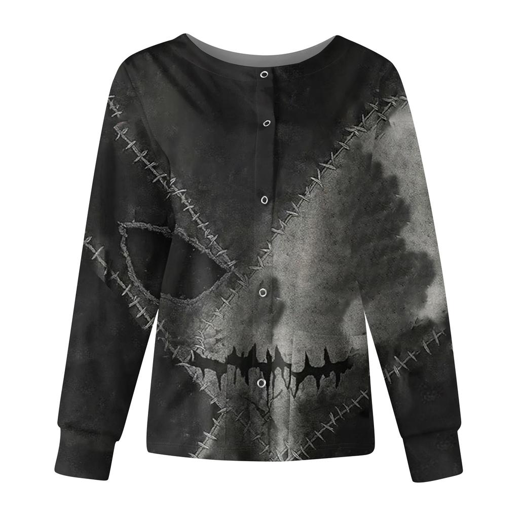 Women's Casual Fashion Long Sleeve Standing Collar Single Breasted Halloween Print Workwear Jacket Tops