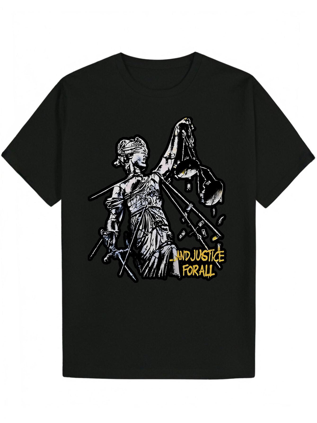

Graphic T-shirt - Lady Justice Design with And Justice for All Text - Black Tee - Lightweight Polyester Casual Shirt for Courtroom Events XL