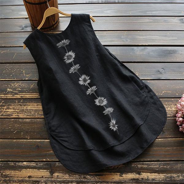 Women O Neck Sleeveless Tank Tops Floral Printed Cotton Linen T-Shirt