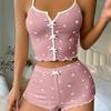 2 pezzi/set da donna Homewear Top Pantaloncini Tuta Cuore Stampa Fiocco Decor Senza Maniche Scollatura Posteriore Gilet Elastico Vita Alta Pantaloni Corti Canottiere Pantaloncini Outfit da donna